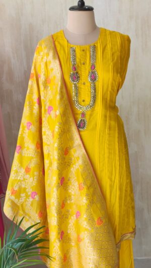 Organza silk shirt fabric in golden yellow colour