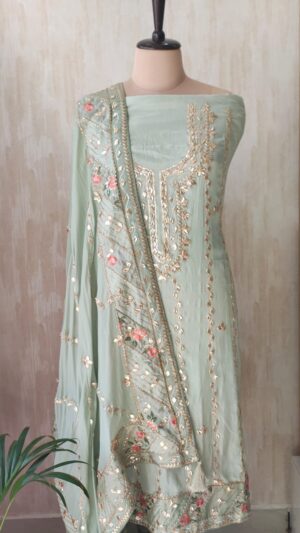 Pure crepe unstitched shirt with full gotta patti work on all over shirt and Daman