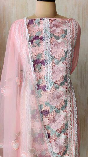 Shirt fabric cotton with floral crochet work with linning attached with all over kinari laces