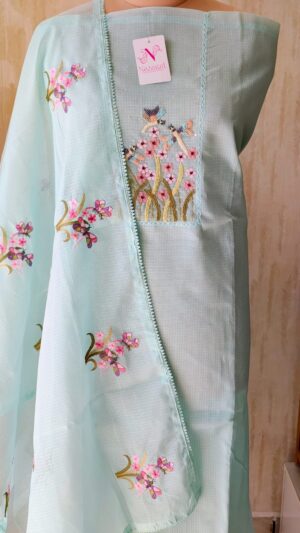 Stunning pastel colour kota doria shirt fabric with beautiful neckline with colourful pearl detailing