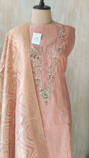 Graceful linen shirt fabric with beautiful handwork detailing on neckline