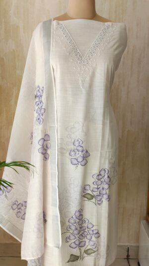 Shirt fabric soft linen with Handpainted floral work with sequence work