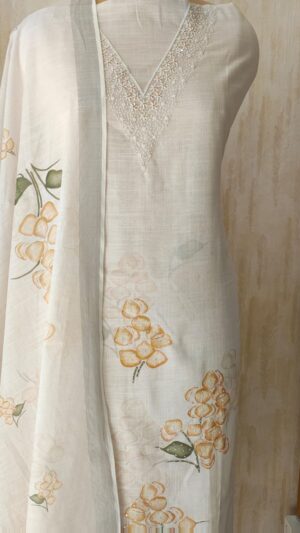 Shirt fabric soft linen with Handpainted floral work with sequence work