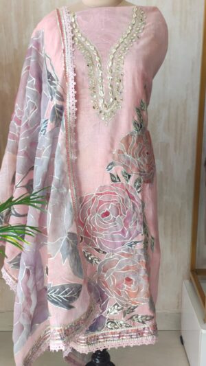 Graceful linen digital print gotta patti suit set