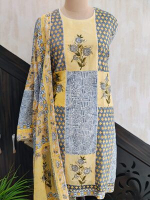 Mul chanderi printed semi stitched suit set